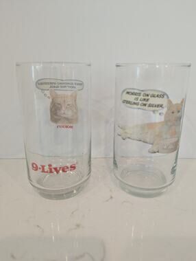 Vtg Morris The Cat 9-Lives Cat Food Drinking Glasses Lot Of 2 Libbey 1980s Retro